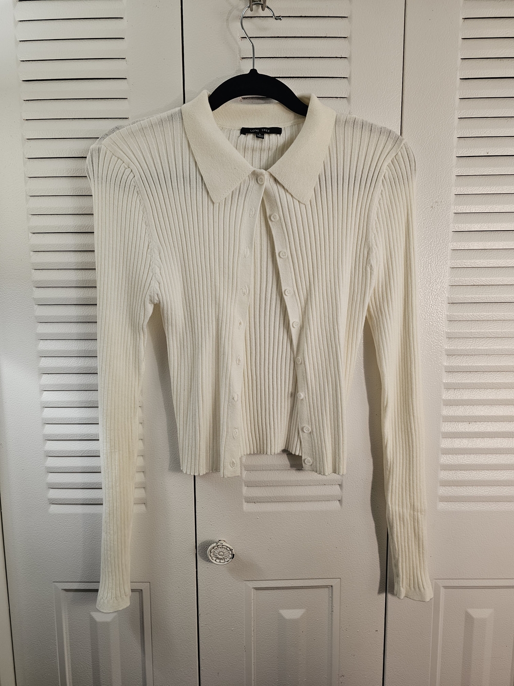 Ribbed Button-Front Polo Cardigan Sweater - Cream